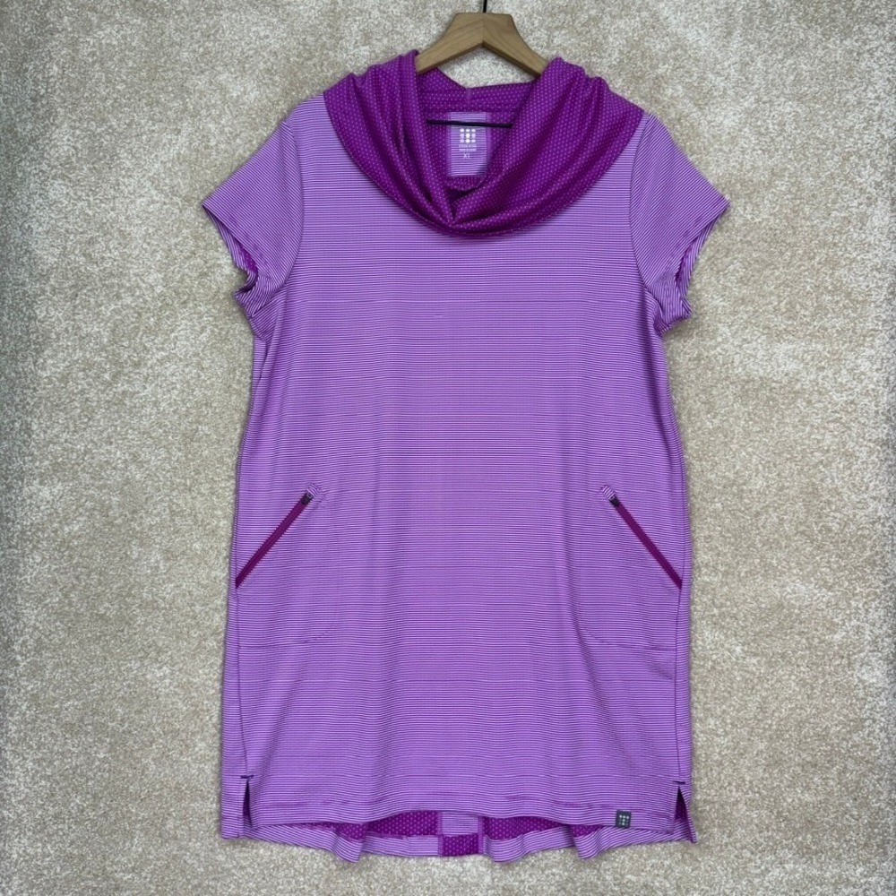 TITLE NINE Tunic Dress Women's XL Purple Striped Polka Dot Cowl Neck Zip Pockets